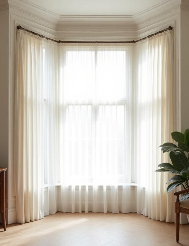Custom curved track curtains for a bay window in Islington.