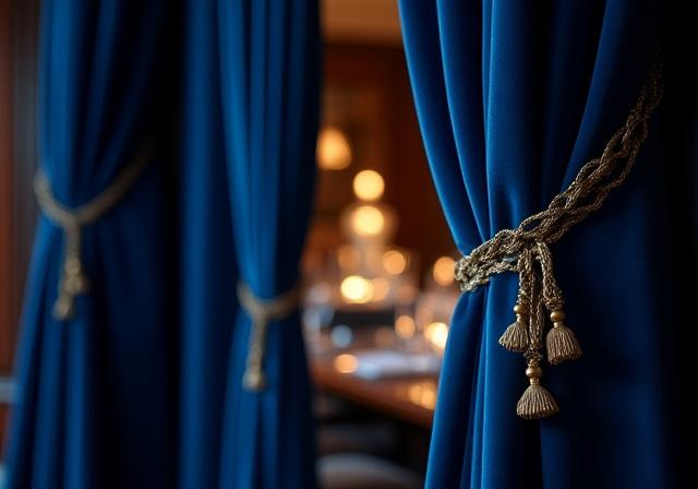 Rich velvet curtains in a formal Mayfair dining room.